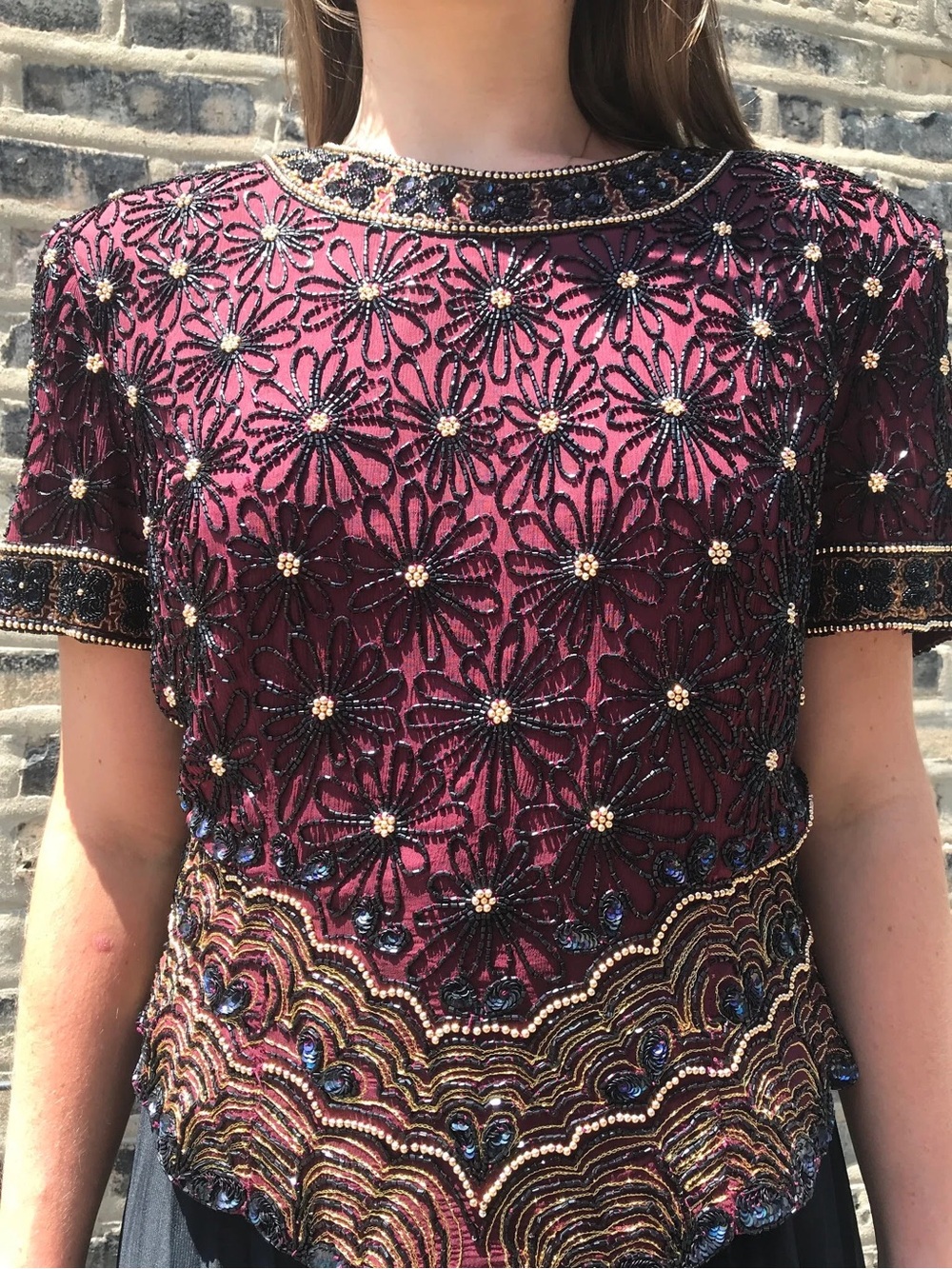 PAPELL BOUTIQUE Evening 100% Silk Purple Beaded Formal Shirt Womens Size Xl